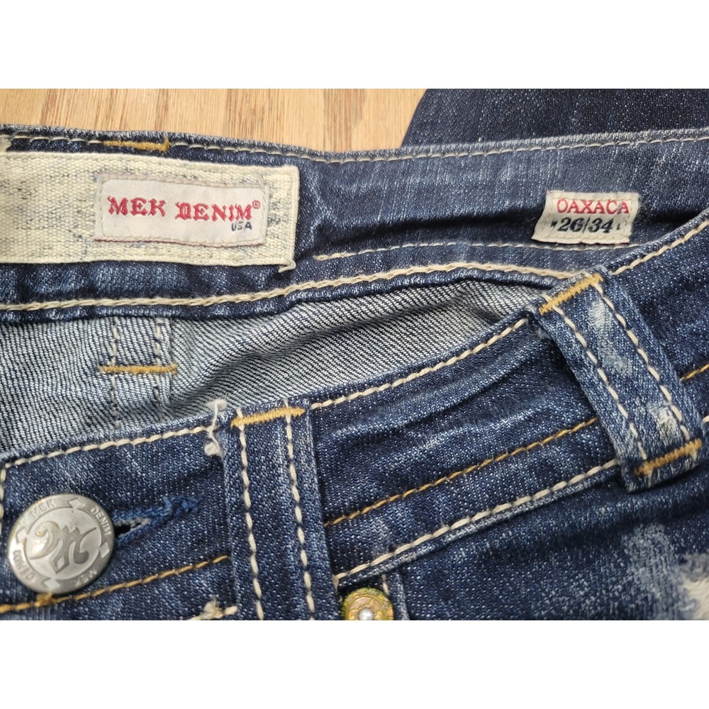 MEK‎ Denim Oaxaca Women 26/34 Dark Wash Distressed Embroidered Bootcut Jeans - Picture 7 of 8